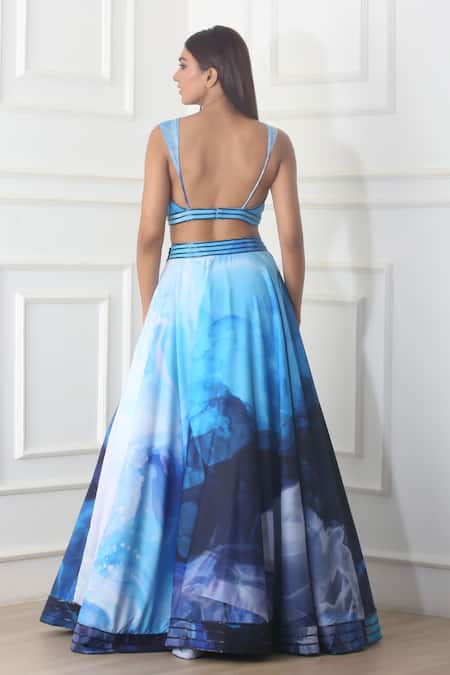 Shop_Harshita Singhvi_Blue Crepe, Net Sequins, Cut Work V-neck Printed Blouse Lehenga Set _at_Aza_Fashions