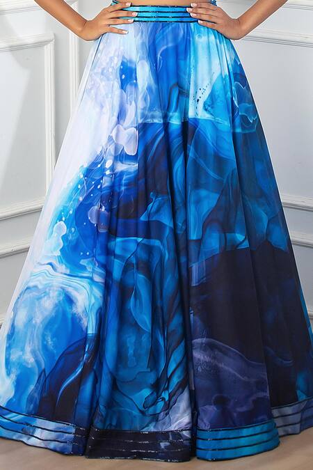 Harshita Singhvi_Blue Crepe, Net Sequins, Cut Work V-neck Printed Blouse Lehenga Set _Online_at_Aza_Fashions