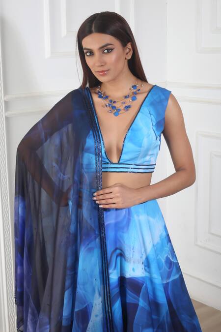 Harshita Singhvi_Blue Crepe, Net Sequins, Cut Work V-neck Printed Blouse Lehenga Set _at_Aza_Fashions
