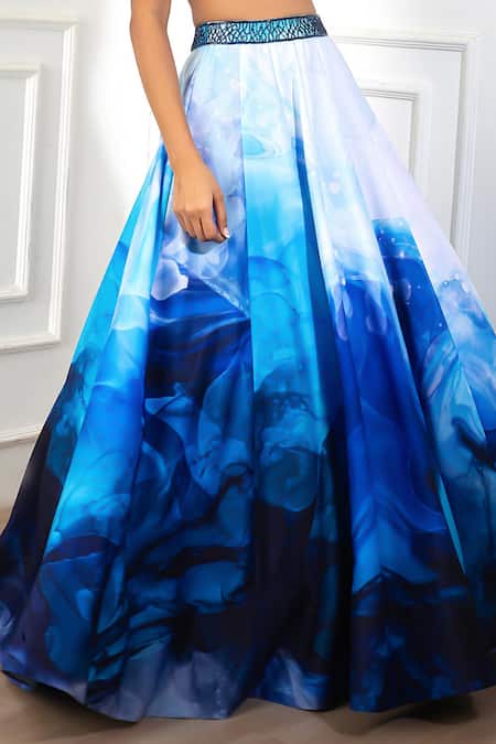 Harshita Singhvi White Crepe, Net Cut Work, Mirrors Square Neck Ocean Print Blouse Lehenga Set Online at Aza Fashions Harshita Singhvi_White Crepe, Net Cut Work, Mirrors Square Neck Ocean Print Blouse Lehenga Set_Online_at_Aza_Fashions