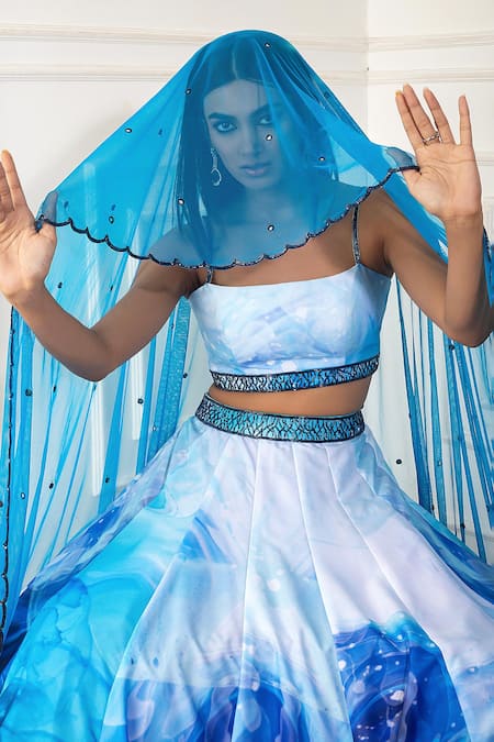 Buy Harshita Singhvi White Crepe, Net Cut Work, Mirrors Square Neck Ocean Print Blouse Lehenga Set Online at Aza Fashions Buy_Harshita Singhvi_White Crepe, Net Cut Work, Mirrors Square Neck Ocean Print Blouse Lehenga Set_Online_at_Aza_Fashions