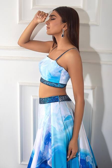 Shop Harshita Singhvi White Crepe, Net Cut Work, Mirrors Square Neck Ocean Print Blouse Lehenga Set Online at Aza Fashions Shop_Harshita Singhvi_White Crepe, Net Cut Work, Mirrors Square Neck Ocean Print Blouse Lehenga Set_Online_at_Aza_Fashions