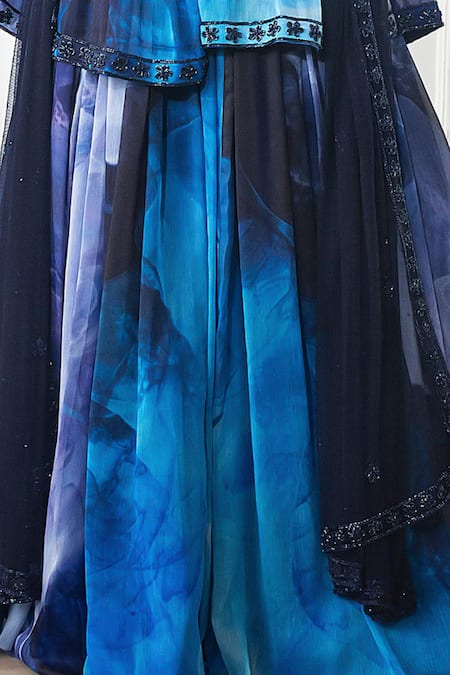 Harshita Singhvi_Blue Net, Chiffon, Crepe Mirrors, Embroidery, Printed Peplum Top Lehenga Set_Online_at_Aza_Fashions
