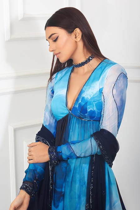 Buy_Harshita Singhvi_Blue Net, Chiffon, Crepe Mirrors, Embroidery, Printed Peplum Top Lehenga Set_Online_at_Aza_Fashions