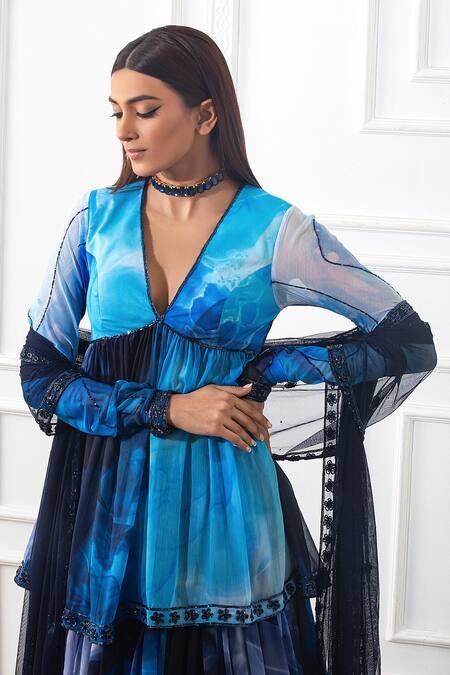 Shop_Harshita Singhvi_Blue Net, Chiffon, Crepe Mirrors, Embroidery, Printed Peplum Top Lehenga Set_Online_at_Aza_Fashions