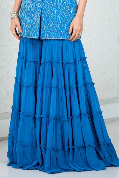 Harshita Singhvi_Blue Crepe Cut Work Round Neck Hand Embroidered Kurta Sharara Set _at_Aza_Fashions