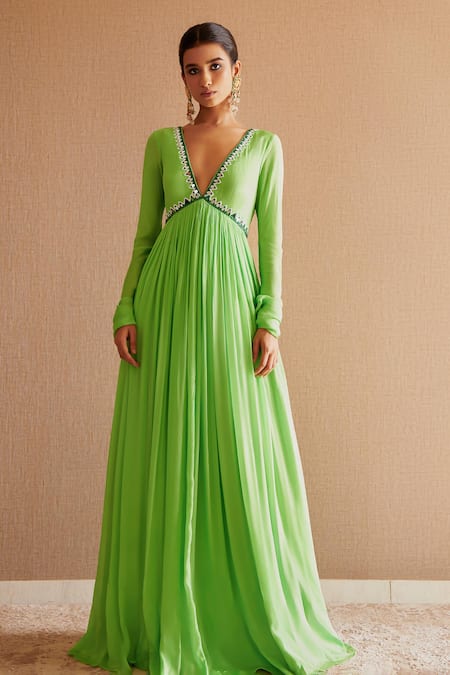 Buy_Harshita Singhvi_Green Chiffon, Organza Cut Work, Mirrors Embroidered Anarkali With Dupatta _Online_at_Aza_Fashions