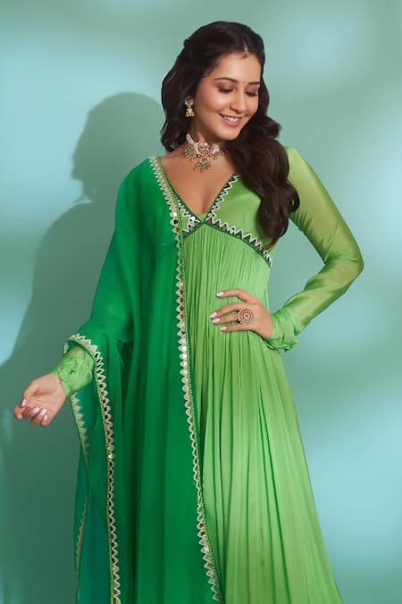 Shop_Harshita Singhvi_Green Chiffon, Organza Cut Work, Mirrors Embroidered Anarkali With Dupatta _Online_at_Aza_Fashions