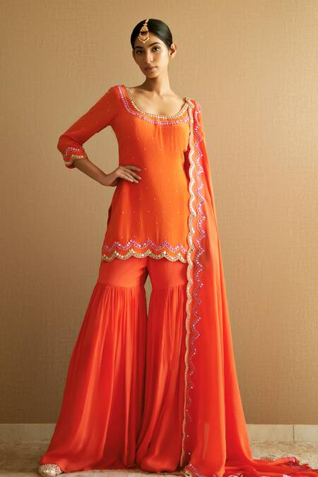Harshita Singhvi Orange Crepe, Chiffon Cut Work, Mirrors Round Hand Embroidered Kurta Sharara Set Online at Aza Fashions Harshita Singhvi_Orange Crepe, Chiffon Cut Work, Mirrors Round Hand Embroidered Kurta Sharara Set _Online_at_Aza_Fashions