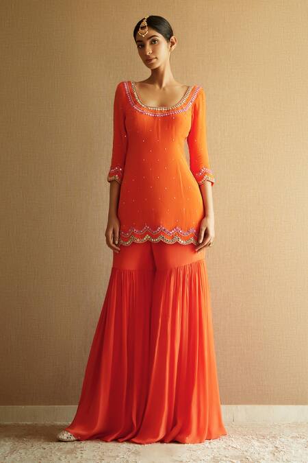 Shop Harshita Singhvi Orange Crepe, Chiffon Cut Work, Mirrors Round Hand Embroidered Kurta Sharara Set Online at Aza Fashions Shop_Harshita Singhvi_Orange Crepe, Chiffon Cut Work, Mirrors Round Hand Embroidered Kurta Sharara Set _Online_at_Aza_Fashions