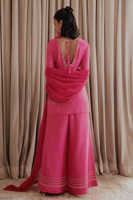 Shop Harshita Singhvi Pink Silk, Organza, Crepe Mirrors, Embroidery V-neck Kurta Palazzo Set at Aza Fashions Shop_Harshita Singhvi_Pink Silk, Organza, Crepe Mirrors, Embroidery V-neck Kurta Palazzo Set _at_Aza_Fashions