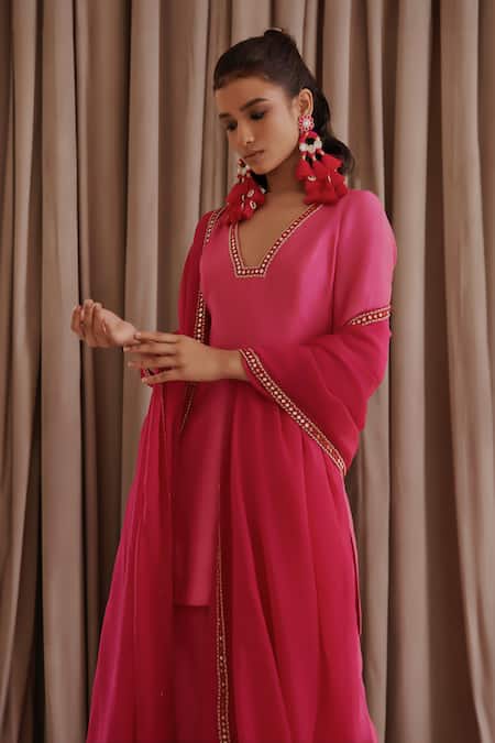 Buy Harshita Singhvi Pink Silk, Organza, Crepe Mirrors, Embroidery V-neck Kurta Palazzo Set Online at Aza Fashions Buy_Harshita Singhvi_Pink Silk, Organza, Crepe Mirrors, Embroidery V-neck Kurta Palazzo Set _Online_at_Aza_Fashions