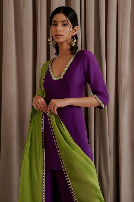 Harshita Singhvi_Purple Silk, Organza Embroidery, Mirrors V-neck Short Kurta Palazzo Set_Online_at_Aza_Fashions