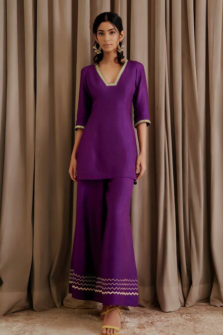 Buy_Harshita Singhvi_Purple Silk, Organza Embroidery, Mirrors V-neck Short Kurta Palazzo Set_Online_at_Aza_Fashions