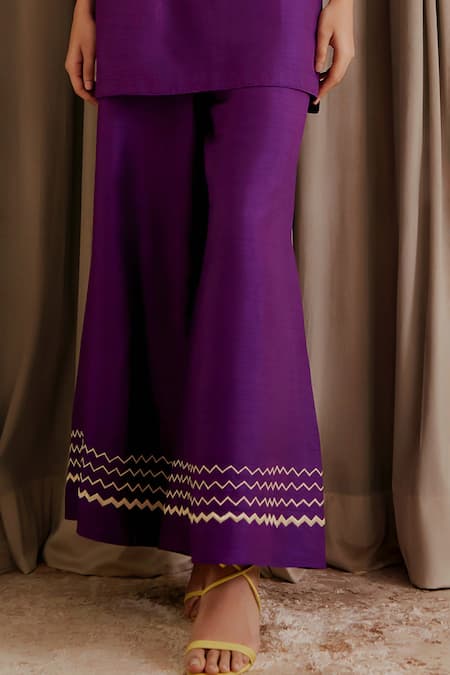 Shop_Harshita Singhvi_Purple Silk, Organza Embroidery, Mirrors V-neck Short Kurta Palazzo Set_Online_at_Aza_Fashions