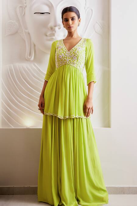 Shop Harshita Singhvi Green Crepe, Organza Embroidery V-neck Hand Kurta Palazzo Set at Aza Fashions Shop_Harshita Singhvi_Green Crepe, Organza Embroidery V-neck Hand Kurta Palazzo Set_at_Aza_Fashions