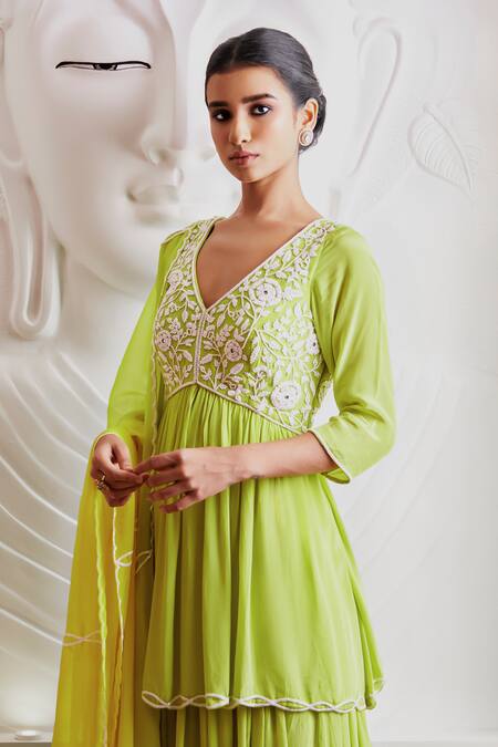 Buy Harshita Singhvi Green Crepe, Organza Embroidery V-neck Hand Kurta Palazzo Set Online at Aza Fashions Buy_Harshita Singhvi_Green Crepe, Organza Embroidery V-neck Hand Kurta Palazzo Set_Online_at_Aza_Fashions
