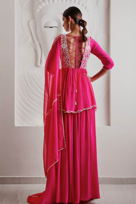 Shop Harshita Singhvi Fuchsia Crepe, Organza, Cotton Cut Cutdana Hand Embroidered Kurta Palazzo Set at Aza Fashions Shop_Harshita Singhvi_Fuchsia Crepe, Organza, Cotton Cut Cutdana Hand Embroidered Kurta Palazzo Set _at_Aza_Fashions