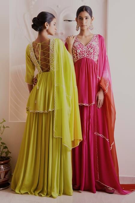 Harshita Singhvi Fuchsia Crepe, Organza, Cotton Cut Cutdana Hand Embroidered Kurta Palazzo Set Online at Aza Fashions Harshita Singhvi_Fuchsia Crepe, Organza, Cotton Cut Cutdana Hand Embroidered Kurta Palazzo Set _Online_at_Aza_Fashions