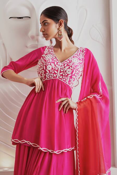 Shop Harshita Singhvi Fuchsia Crepe, Organza, Cotton Cut Cutdana Hand Embroidered Kurta Palazzo Set Online at Aza Fashions Shop_Harshita Singhvi_Fuchsia Crepe, Organza, Cotton Cut Cutdana Hand Embroidered Kurta Palazzo Set _Online_at_Aza_Fashions