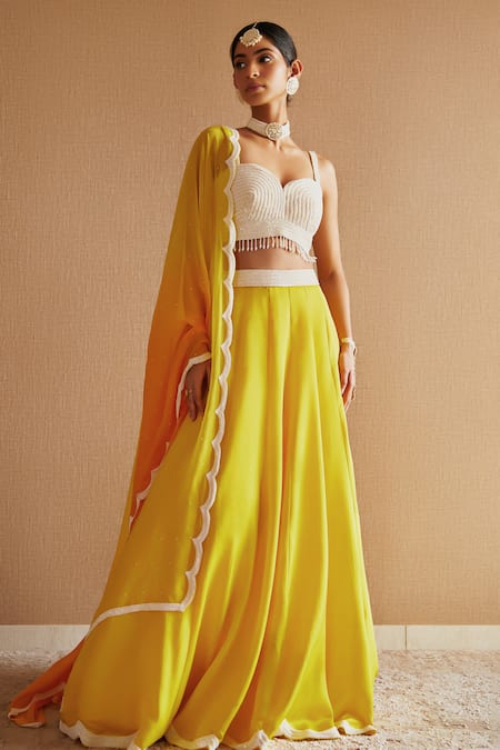 Shop_Harshita Singhvi_Yellow Silk, Organza Embroidery, Sequins Pearls Hand Blouse Lehenga Set _Online_at_Aza_Fashions