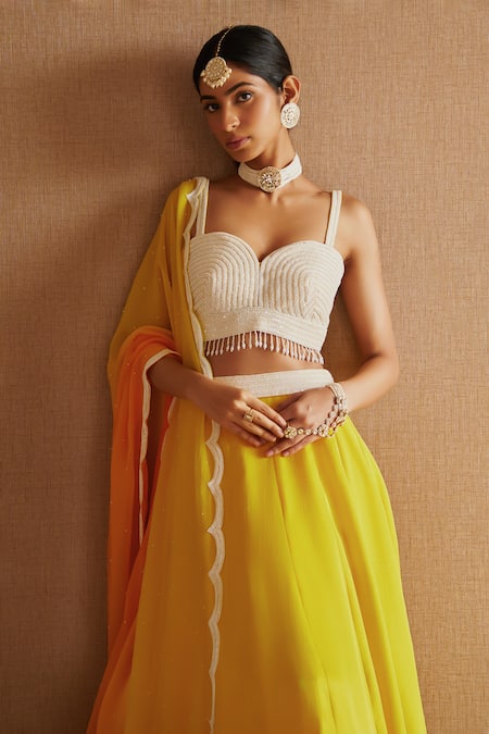Harshita Singhvi_Yellow Silk, Organza Embroidery, Sequins Pearls Hand Blouse Lehenga Set _at_Aza_Fashions