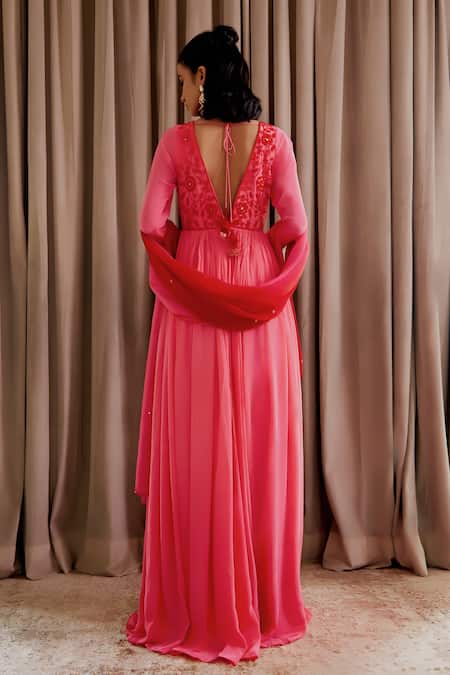 Shop Harshita Singhvi Pink Crepe, Organza Cut Work, Mirrors Hand Embroidered Anarkali With Dupatta at Aza Fashions Shop_Harshita Singhvi_Pink Crepe, Organza Cut Work, Mirrors Hand Embroidered Anarkali With Dupatta _at_Aza_Fashions