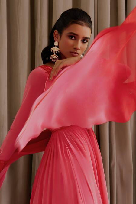 Shop Harshita Singhvi Pink Crepe, Organza Cut Work, Mirrors Hand Embroidered Anarkali With Dupatta Online at Aza Fashions Shop_Harshita Singhvi_Pink Crepe, Organza Cut Work, Mirrors Hand Embroidered Anarkali With Dupatta _Online_at_Aza_Fashions