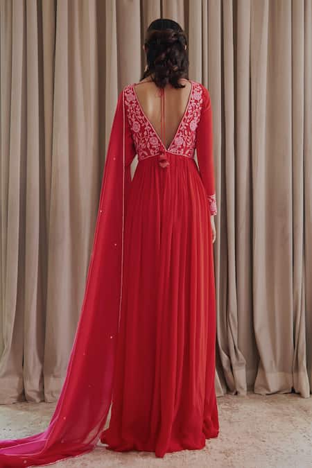 Shop Harshita Singhvi Red Crepe, Organza Embroidery, Cut Work V-neck Anarkali With Dupatta at Aza Fashions Shop_Harshita Singhvi_Red Crepe, Organza Embroidery, Cut Work V-neck Anarkali With Dupatta _at_Aza_Fashions