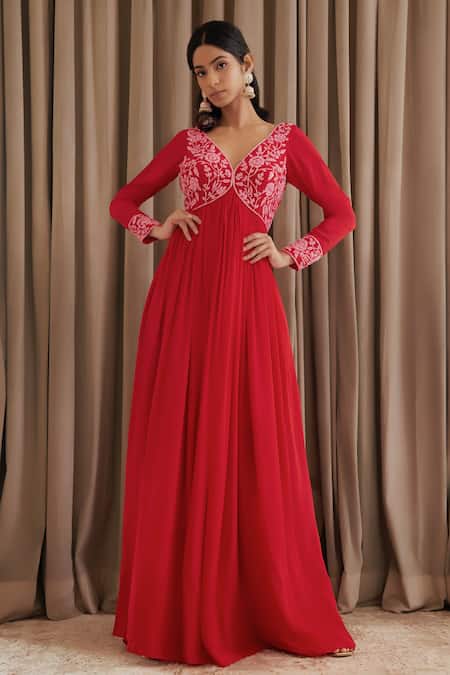 Shop Harshita Singhvi Red Crepe, Organza Embroidery, Cut Work V-neck Anarkali With Dupatta Online at Aza Fashions Shop_Harshita Singhvi_Red Crepe, Organza Embroidery, Cut Work V-neck Anarkali With Dupatta _Online_at_Aza_Fashions