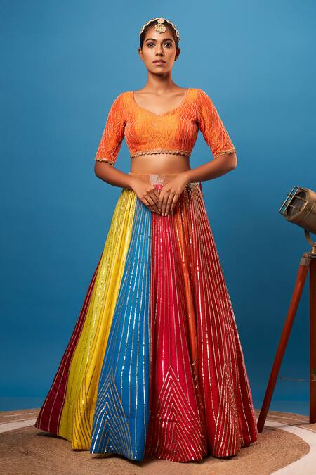 Harshita Singhvi Multi Color Silk, Organza, Crepe Sequins, Cut Work Hand Embroidered Lehenga Set Online at Aza Fashions Harshita Singhvi_Multi Color Silk, Organza, Crepe Sequins, Cut Work Hand Embroidered Lehenga Set_Online_at_Aza_Fashions