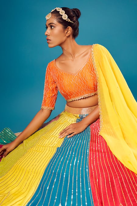 Shop Harshita Singhvi Multi Color Silk, Organza, Crepe Sequins, Cut Work Hand Embroidered Lehenga Set Online at Aza Fashions Shop_Harshita Singhvi_Multi Color Silk, Organza, Crepe Sequins, Cut Work Hand Embroidered Lehenga Set_Online_at_Aza_Fashions