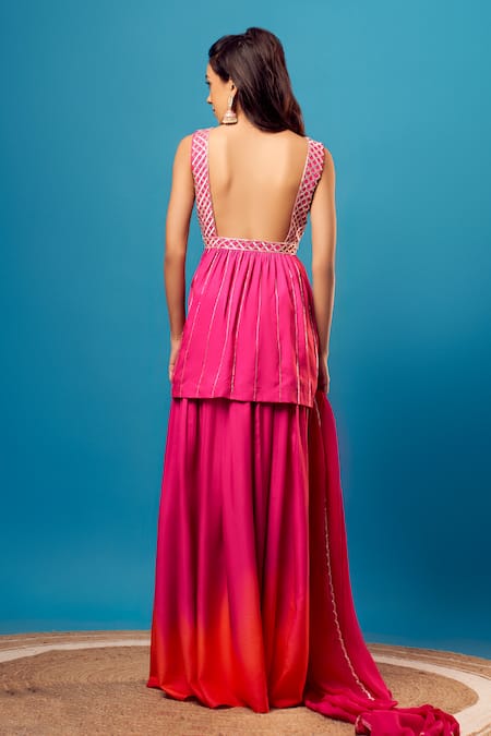 Shop Harshita Singhvi Pink Crepe Cut Work Sweetheart Neck Salli Hand Embroidered Kurta Palazzo Set at Aza Fashions Shop_Harshita Singhvi_Pink Crepe Cut Work Sweetheart Neck Salli Hand Embroidered Kurta Palazzo Set _at_Aza_Fashions