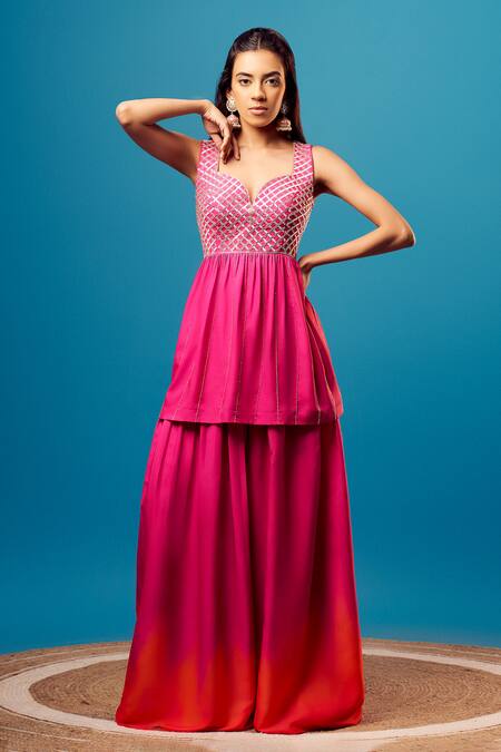 Harshita Singhvi Pink Crepe Cut Work Sweetheart Neck Salli Hand Embroidered Kurta Palazzo Set Online at Aza Fashions Harshita Singhvi_Pink Crepe Cut Work Sweetheart Neck Salli Hand Embroidered Kurta Palazzo Set _Online_at_Aza_Fashions