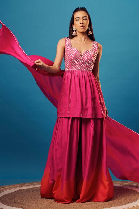 Harshita Singhvi_Pink Crepe Cut Work Sweetheart Neck Salli Hand Embroidered Kurta Palazzo Set _at_Aza_Fashions