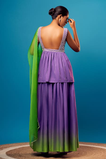 Shop Harshita Singhvi Purple Crepe, Chiffon Cut Work, Embroidery Sweetheart Salli Kurta Palazzo Set at Aza Fashions Shop_Harshita Singhvi_Purple Crepe, Chiffon Cut Work, Embroidery Sweetheart Salli Kurta Palazzo Set _at_Aza_Fashions