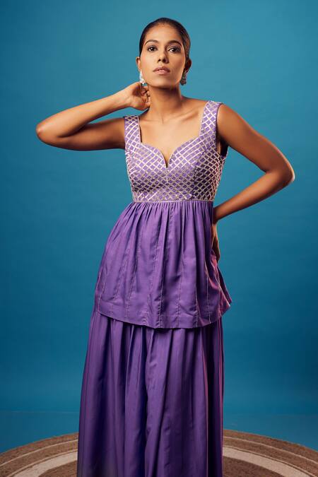 Buy_Harshita Singhvi_Purple Crepe, Chiffon Cut Work, Embroidery Sweetheart Salli Kurta Palazzo Set _Online_at_Aza_Fashions