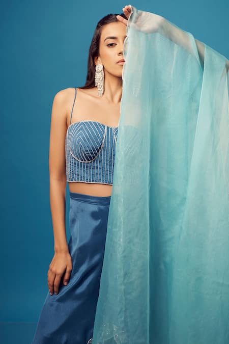 Buy_Harshita Singhvi_Blue Crepe, Organza Cut Work, Embroidery Sweetheart Neck Corset Palazzo Set _Online_at_Aza_Fashions