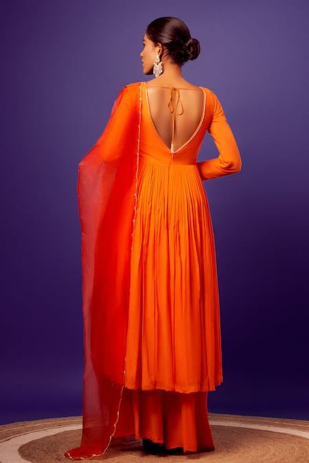 Shop_Harshita Singhvi_Orange Organza Embroidery, Cut Work V-neck Anarkali With Dupatta _at_Aza_Fashions