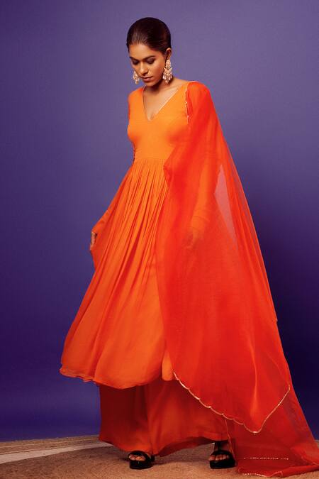 Harshita Singhvi_Orange Organza Embroidery, Cut Work V-neck Anarkali With Dupatta _Online_at_Aza_Fashions