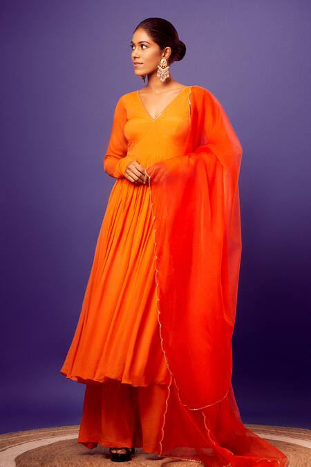 Buy_Harshita Singhvi_Orange Organza Embroidery, Cut Work V-neck Anarkali With Dupatta _Online_at_Aza_Fashions
