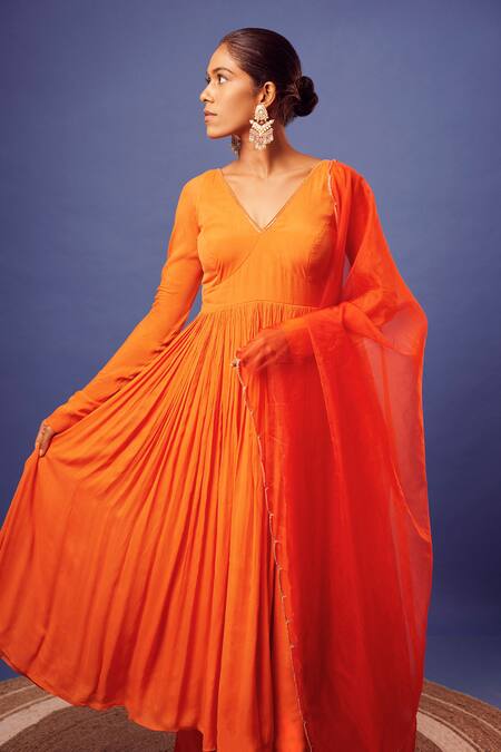 Shop_Harshita Singhvi_Orange Organza Embroidery, Cut Work V-neck Anarkali With Dupatta _Online_at_Aza_Fashions