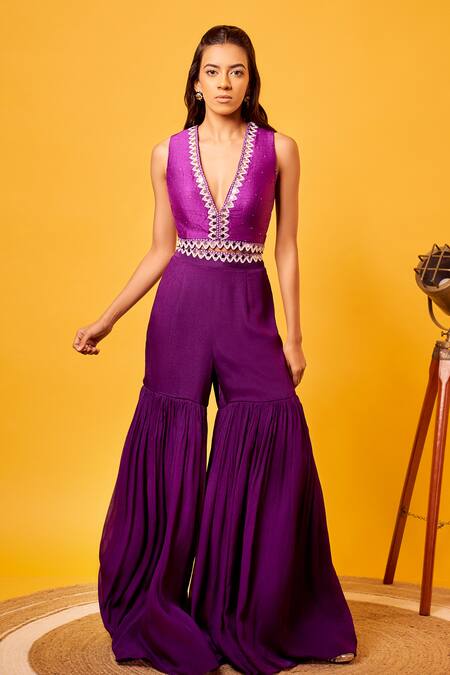 Harshita Singhvi Purple Silk, Organza, Chiffon Mirrors, Embroidery, Hand Crop Top Sharara Set Online at Aza Fashions Harshita Singhvi_Purple Silk, Organza, Chiffon Mirrors, Embroidery, Hand Crop Top Sharara Set _Online_at_Aza_Fashions