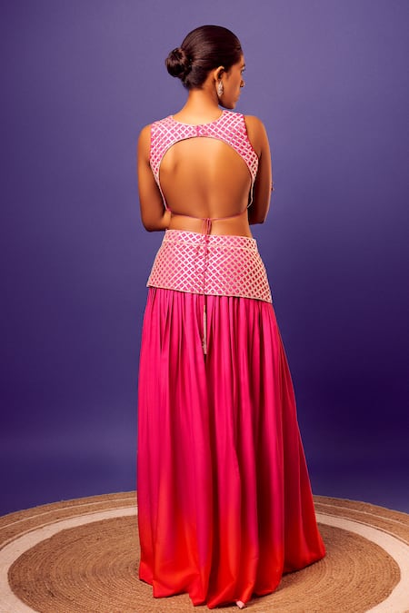 Shop Harshita Singhvi Pink Crepe, Organza Cut Work, Sequins V-neck Hand Embroidered Blouse Palazzo Set at Aza Fashions Shop_Harshita Singhvi_Pink Crepe, Organza Cut Work, Sequins V-neck Hand Embroidered Blouse Palazzo Set _at_Aza_Fashions