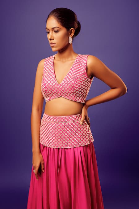 Harshita Singhvi_Pink Crepe, Organza Cut Work, Sequins V-neck Hand Embroidered Blouse Palazzo Set _Online_at_Aza_Fashions
