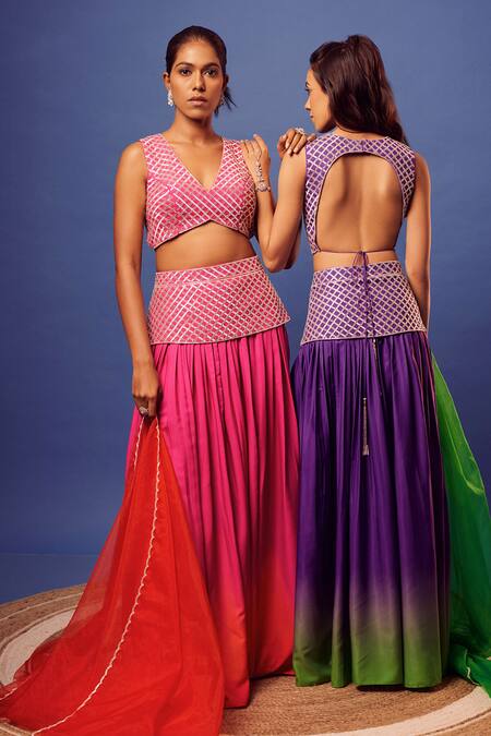 Buy_Harshita Singhvi_Pink Crepe, Organza Cut Work, Sequins V-neck Hand Embroidered Blouse Palazzo Set _Online_at_Aza_Fashions