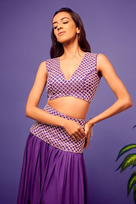 Buy Harshita Singhvi Purple Crepe, Organza Cut Work V-neck Embroidered Blouse Palazzo Set Online at Aza Fashions Buy_Harshita Singhvi_Purple Crepe, Organza Cut Work V-neck Embroidered Blouse Palazzo Set _Online_at_Aza_Fashions