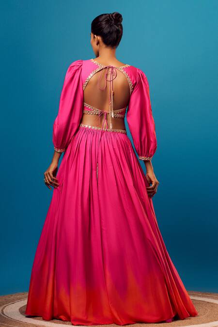 Shop Harshita Singhvi Pink Cut Work, Mirrors V-neck Embroidered Blouse And Skirt Set at Aza Fashions Shop_Harshita Singhvi_Pink Cut Work, Mirrors V-neck Embroidered Blouse And Skirt Set_at_Aza_Fashions