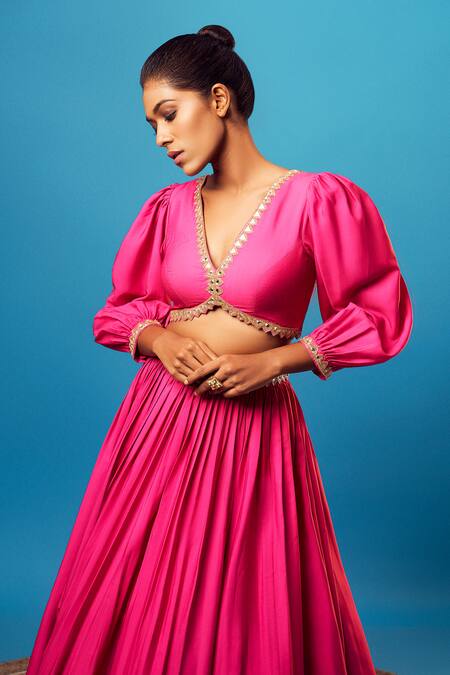 Harshita Singhvi Pink Cut Work, Mirrors V-neck Embroidered Blouse And Skirt Set Online at Aza Fashions Harshita Singhvi_Pink Cut Work, Mirrors V-neck Embroidered Blouse And Skirt Set_Online_at_Aza_Fashions