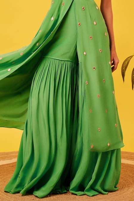 Harshita Singhvi_Green Crepe, Linen Cut Work, Mirrors Hand Embroidered Tunic And Sharara Set_Online_at_Aza_Fashions